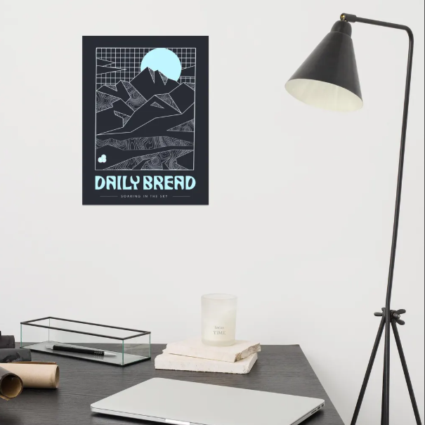 Daily Bread Soaring in the Sky poster — dark navy mountain graphic print