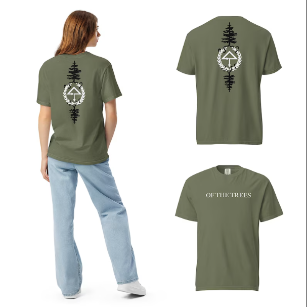 Of The Trees tee for EDM festivals — army green tee with OTT emblem back graphic