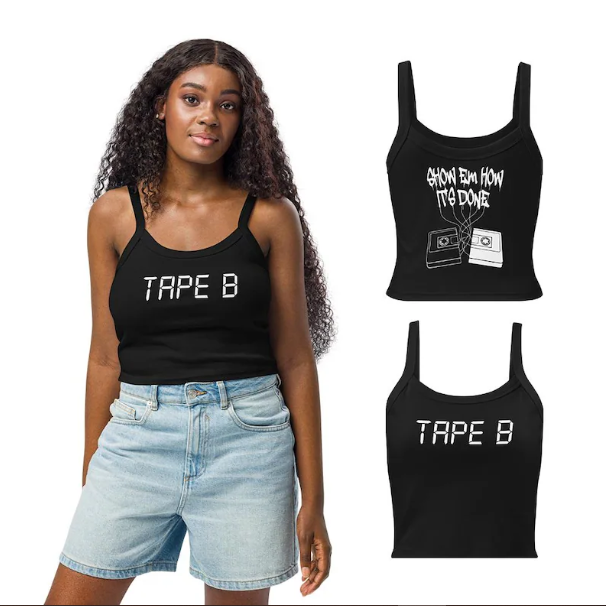 Tape B cropped tank top for EDM festivals — black fitted tank with artist graphics